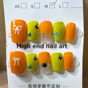 Press On Nails Size M Orange Lime Green Butterfly Bow High End Nail Art